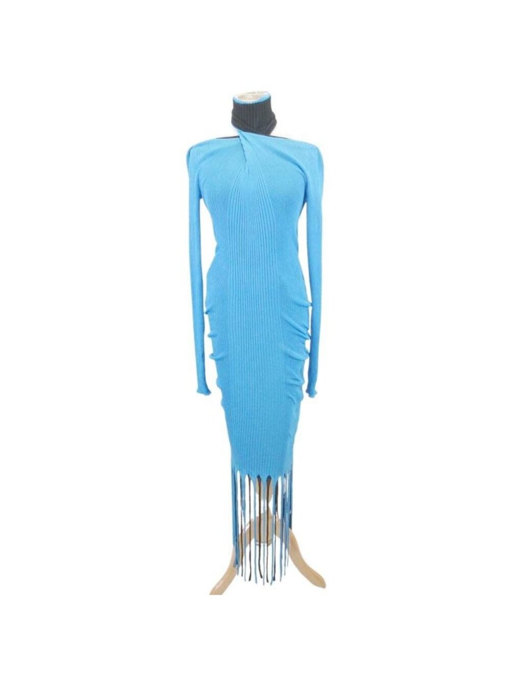 Bottega Veneta Prefall Back Open Turtle Knit Dress Fringe Blue Black M
